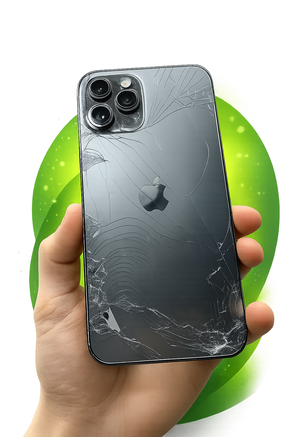 Повреждённый iPhone в руке — пример устройства до ремонта